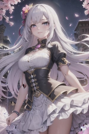 masterpiece, best quality, 1girl, (colorful),(finely detailed beautiful eyes and detailed face),cinematic lighting,bust shot,extremely detailed CG unity 8k wallpaper,white hair,solo,smile,intricate skirt,((flying petal)),(Flowery meadow) sky, cloudy_sky, building, moonlight, moon, night, (dark theme:1.3), light, fantasy,