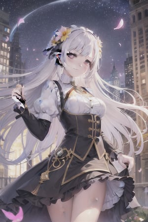 masterpiece, best quality, 1girl, (colorful),(finely detailed beautiful eyes and detailed face),cinematic lighting,bust shot,extremely detailed CG unity 8k wallpaper,white hair,solo,smile,intricate skirt,((flying petal)),(Flowery meadow) sky, cloudy_sky, building, moonlight, moon, night, (dark theme:1.3), light, fantasy,