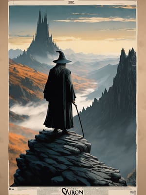 (Gandalf grey robe stands on the edge of a cliff in the foreground, with a wide wizard hat), epic scene, irregular mountain range, (80s poster, Vintage poster), clouds, (dawn), ((huge army under the mountain)), ((Lord of the Rings)) movie, ultra-high definition, cinematic quality, masterpiece, high_res, extremely detailed, (bright), ((behind the mountain the sky is gloomy where is Dark Tower of Sauron))