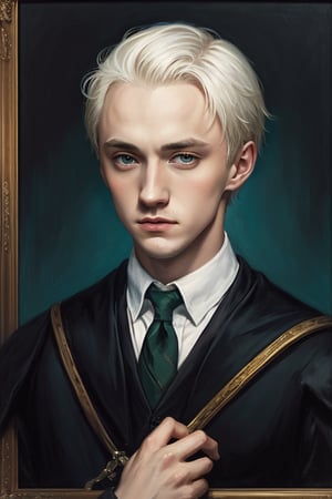 masterpiece, (Draco Malfoy), white hair, young man, best quality, oil painting style, golden frame