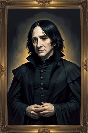 masterpiece, (Severus Snape), black mid-long hair, mid-aged man, best quality, oil painting style, golden frame