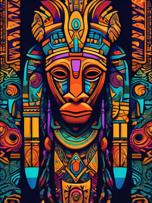 A symble of African totem, wierd anmial, magical creature, ((tribal art)), ((folklore)), vibrant colour, intricately detailed, the design incorporates geometric patterns and (bold linework) to create a striking and powerful composition, dark background, 8k,screen photo of iphone, (no central symmetry), high_res, masterpiece