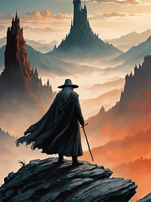 (Gandalf grey robe stands on the edge of a cliff in the foreground, with a wide wizard hat), epic scene, irregular mountain range, (80s poster, Vintage poster), clouds, (dawn), ((huge army under the mountain)), ((Lord of the Rings)) movie, ultra-high definition, cinematic quality, masterpiece, high_res, extremely detailed, (bright), ((behind the mountain the sky is gloomy where is Dark Tower of Sauron))