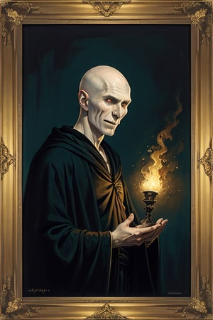 masterpiece, (Lord Voldemort), no hair, pale_skin, ((no nose)), black robe, lighting effect, evil smile, best quality, oil painting style, golden frame