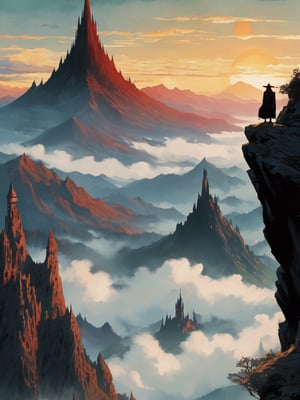 In the foreground of the image, a wizard in a grey robe stands on the edge of a cliff, with a wide wizard hat, next to him stands a short hobbit with curly red hair, epic scene, irregular mountain range, 80s poster, Vintage poster, clouds, (dawn), (huge army under the mountain), ((Lord of the Rings)) movie, ultra-high definition, cinematic quality, masterpiece, high_res, extremely detailed, (bright), (behind the mountain the sky is gloomy where is Dark Tower of Sauron)