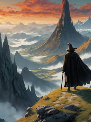 In the foreground of the image, a wizard in a grey robe stands on the edge of a cliff, with a wide wizard hat, next to him stands a short hobbit with curly red hair, epic scene, irregular mountain range, 80s poster, Vintage poster, clouds, (dawn), (huge army under the mountain), ((Lord of the Rings)) movie, ultra-high definition, cinematic quality, masterpiece, high_res, extremely detailed, (bright), behind the mountain the sky is gloomy where is Dark Tower of Sauron 