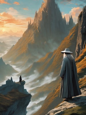 (Gandalf grey robe stands on the edge of a cliff in the foreground, with a wide wizard hat, Bilbo Baggins stands next to him), epic scene, irregular mountain range, 80s poster, Vintage poster, clouds, (dawn), (huge army under the mountain), ((Lord of the Rings)) movie, ultra-high definition, cinematic quality, masterpiece, high_res, extremely detailed, (bright), (behind the mountain the sky is gloomy where is Dark Tower of Sauron)