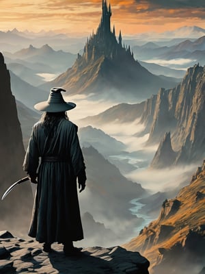 (Gandalf grey robe stands on the edge of a cliff in the foreground, with a wide wizard hat), epic scene, irregular mountain range, (80s poster, Vintage poster), clouds, (dawn), ((huge army under the mountain)), ((Lord of the Rings)) movie, ultra-high definition, cinematic quality, masterpiece, high_res, extremely detailed, (bright), ((behind the mountain the sky is gloomy where is Dark Tower of Sauron))