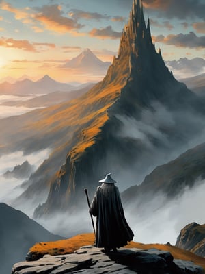 (Gandalf grey robe stands on the edge of a cliff in the foreground, with a wide wizard hat, Bilbo Baggins stands next to him), epic scene, irregular mountain range, 80s poster, Vintage poster, clouds, (dawn), (huge army under the mountain), ((Lord of the Rings)) movie, ultra-high definition, cinematic quality, masterpiece, high_res, extremely detailed, (bright), (behind the mountain the sky is gloomy where is Dark Tower of Sauron)