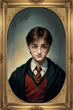 masterpiece, (Harry Potter), young man, best quality, oil painting style, golden frame