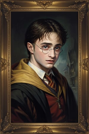 masterpiece, (Harry Potter), young man, best quality, oil painting style, golden frame