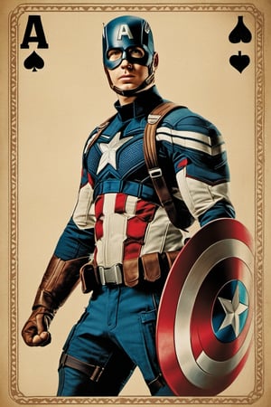 vintage poster styled Playing cards, film still of Chris Evans as Captain America from Avengers,photorealistic, high_res, masterpiece