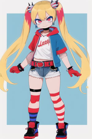 (1girl), blonde hair, blue and red colored twin tails, shorts, baseball jersey, hoody, torn clothes, gloves, jewelry, shorts, bracelets, fishnets, spikes, colorful clothes, belts, (Harley Quinn), skinny, smiling angry