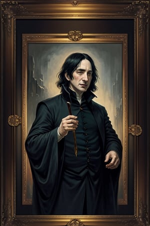 masterpiece, (Severus Snape), black mid-long hair, mid-aged man, best quality, oil painting style, golden frame
