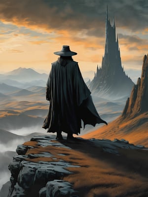 (Gandalf grey robe stands on the edge of a cliff in the foreground, with a wide wizard hat), epic scene, irregular mountain range, (80s poster, Vintage poster), clouds, (dawn), ((huge army under the mountain)), ((Lord of the Rings)) movie, ultra-high definition, cinematic quality, masterpiece, high_res, extremely detailed, (bright), (((behind the mountain the sky is gloomy where is Dark Tower of Sauron)))