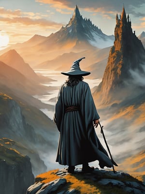 (Gandalf grey robe stands on the edge of a cliff in the foreground, with a wide wizard hat, Bilbo Baggins stands next to him), epic scene, irregular mountain range, 80s poster, Vintage poster, clouds, (dawn), (huge army under the mountain), ((Lord of the Rings)) movie, ultra-high definition, cinematic quality, masterpiece, high_res, extremely detailed, (bright), (behind the mountain the sky is gloomy where is Dark Tower of Sauron)