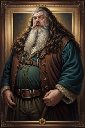 masterpiece, (Rubeus Hagrid), brown fluffy hair, beard, huge man, best quality, oil painting style, golden frame