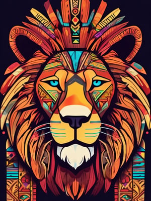 A symble of African totem, (lion), magical creature, ((tribal art)), ((folklore)), vibrant colour, intricately detailed, the design incorporates geometric patterns and (bold linework) to create a striking and powerful composition, dark background, 8k,screen photo of iphone, (no central symmetry), high_res, masterpiece