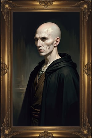 masterpiece, (Lord Voldemort), no hair, pale_skin, (no nose), black robe, lighting effect, best quality, oil painting style, golden frame
