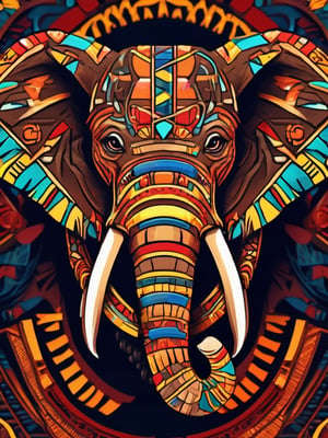 A symble of African totem, (head of elephant), head, magical creature, ((tribal art)), ((folklore)), vibrant colour, intricately detailed, the design incorporates geometric patterns and (bold linework) to create a striking and powerful composition, dark background, 8k,screen photo of iphone, (no central symmetry), high_res, masterpiece