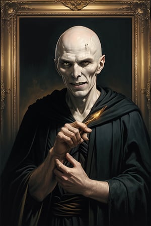 masterpiece, (Lord Voldemort), no hair, pale_skin, ((no nose)), black robe, lighting effect, evil smile, best quality, oil painting style, golden frame