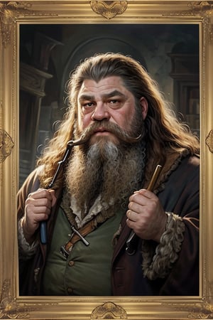 masterpiece, (Rubeus Hagrid), brown fluffy hair, beard, huge man, best quality, oil painting style, golden frame