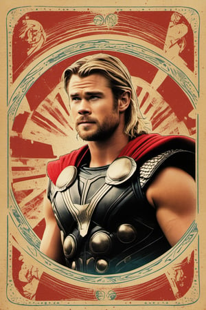 vintage poster style, (Playing cards), film still of Chris Hemsworth as Thor from Avengers