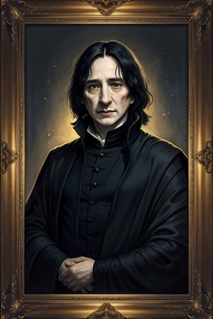 masterpiece, (Severus Snape), black mid-long hair, man, best quality, oil painting style, golden frame