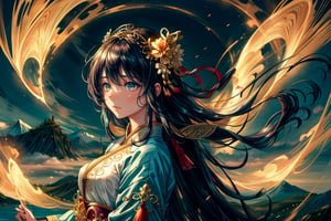 1girl, (full body), ancient Chinese goddess, fairy, (floating black long hair, adorned with golden hair accessories), ( light blue silk robe, floating in air, Ribbons flutter in the wind, Chinese style), (clouds surround her, with a background of river waters and undulating mountains), the scene is lush with greenery and trees, boasting an unimaginable ethereal beauty, surrealism, dreamy, with a palette of vibrant colors and soft tones,  mystic, slightly foggy, exuding a peaceful ambiance, (dynamic_pose:1.2),(masterpiece:1.2), (best quality, highest quality), (ultra detailed), (8k, 4k, intricate), (50mm), (highly detailed:1.2),(detailed face:1.2), detailed_eyes,(gradients), (ambient light:1.3), (cinematic composition:1.3), (HDR:1)