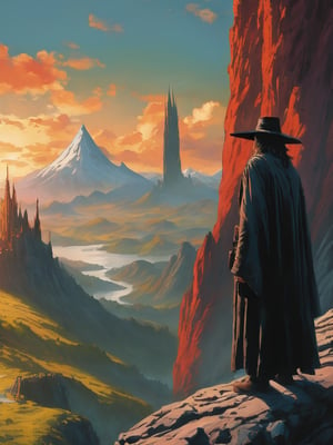 In the foreground of the image, a wizard in a grey robe stands on the edge of a cliff, with a wide wizard hat, next to him stands a short hobbit with curly red hair, epic scene, irregular mountain range, 80s poster, Vintage poster, clouds, (dawn), (huge army under the mountain), ((Lord of the Rings)) movie, ultra-high definition, cinematic quality, masterpiece, high_res, extremely detailed, (bright), (behind the mountain the sky is gloomy where is Dark Tower of Sauron)