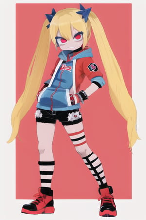 (1girl), blonde hair, blue and red colored twin tails, shorts, baseball jersey, hoody, torn clothes, gloves, jewelry, shorts, bracelets, fishnets, spikes, colorful clothes, belts, (Harley Quinn), skinny, smiling angry