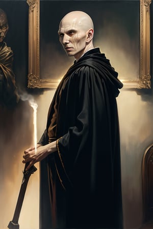 masterpiece, (Lord Voldemort), no hair, pale_skin, no nose, black robe, lighting effect, best quality, oil painting style, golden frame