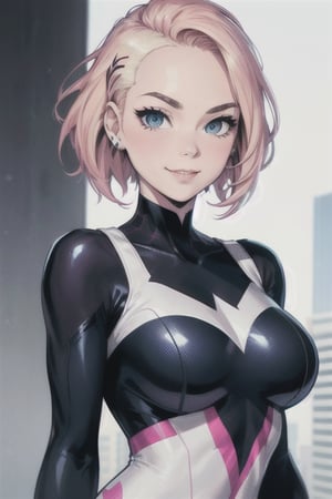gwen stacy, spider-gwen suit,bodysuit , superhero,(blonde hair AND pink hair) , blue eyes , animification ,eyebrow piercing (sidecut),(asymmetrical_hair),(side of head shaved), face focus, (upper body), 14yo,(skinny slim),(middle breasts), masterpiece, best quality,1girl, city,open eyes, blush,narrow waist,looking at viewer,standing, smile,solo focus, photorealistic,extremely detailed,(from front), ,highres   
