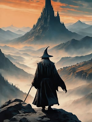 (Gandalf grey robe stands on the edge of a cliff in the foreground, with a wide wizard hat), epic scene, irregular mountain range, (80s poster, Vintage poster), clouds, (dawn), ((huge army under the mountain)), ((Lord of the Rings)) movie, ultra-high definition, cinematic quality, masterpiece, high_res, extremely detailed, (bright), (((Dark Tower of Sauron)))