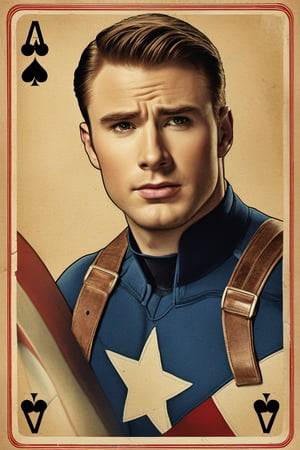 vintage poster style, (Playing cards), film still of Chris Evans as Captain America from Avengers, photorealistic, high_res