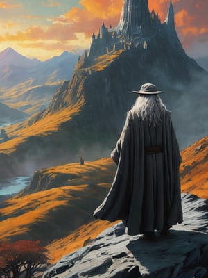 (Gandalf grey robe stands on the edge of a cliff in the foreground, with a wide wizard hat, Bilbo Baggins stands next to him), epic scene, irregular mountain range, 80s poster, Vintage poster, clouds, (dawn), (huge army under the mountain), ((Lord of the Rings)) movie, ultra-high definition, cinematic quality, masterpiece, high_res, extremely detailed, (bright), (behind the mountain the sky is gloomy where is Dark Tower of Sauron)