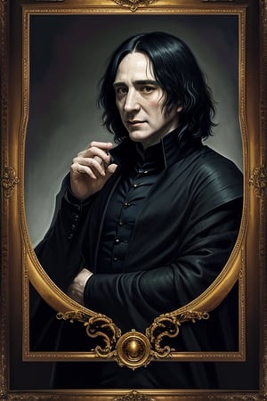 masterpiece, (Severus Snape), black mid-long hair, man, best quality, oil painting style, golden frame