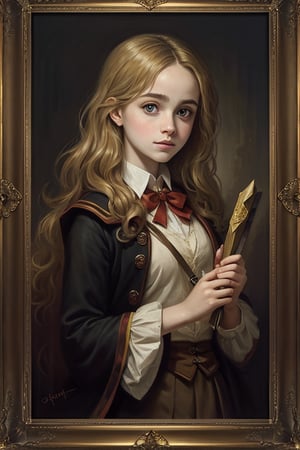 masterpiece, (Hermione Granger), blonde hair, young female, best quality, oil painting style, golden frame
