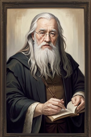 masterpiece, (Albus Dumbledore), grey hair, old man with grey beard, glasses, best quality, oil painting style, frame