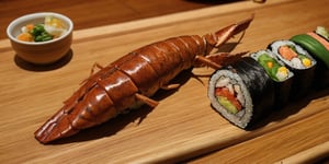 one huge lobster lies on a (sushi roll)