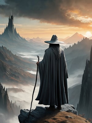 (Gandalf grey robe stands on the edge of a cliff in the foreground, with a wide wizard hat), epic scene, irregular mountain range, (80s poster, Vintage poster), clouds, (dawn), ((huge army under the mountain)), ((Lord of the Rings)) movie, ultra-high definition, cinematic quality, masterpiece, high_res, extremely detailed, (bright), (((Dark Tower of Sauron)))