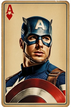 vintage poster style, (Playing cards), film still of Chris Evans as Captain America from Avengers movie, photorealistic, high_res, masterpiece