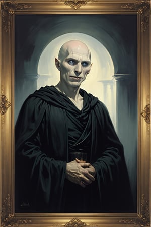 masterpiece, (Lord Voldemort), no hair, pale_skin, no nose, black robe, lighting effect, best quality, oil painting style, golden frame