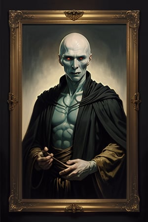 masterpiece, (Lord Voldemort), no hair, pale_skin, no nose, black robe, lighting effect, best quality, oil painting style, golden frame