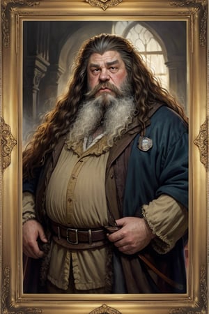 masterpiece, (Rubeus Hagrid), brown fluffy hair, beard, huge man, best quality, oil painting style, golden frame