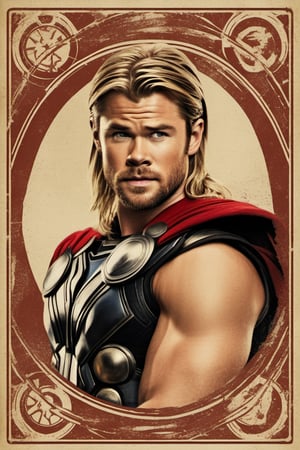 vintage poster style, (Playing cards), film still of Chris Hemsworth as Thor from Avengers, photorealistic, high_res