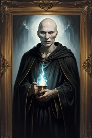 masterpiece, (Lord Voldemort), no hair, pale_skin, no nose, black robe, lighting effect, best quality, oil painting style, golden frame