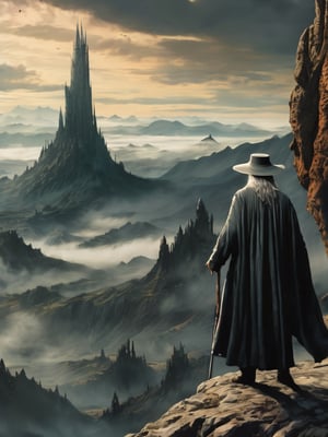 (Gandalf grey robe stands on the edge of a cliff in the foreground, with a wide wizard hat), epic scene, irregular mountain range, (80s poster, Vintage poster), clouds, (dawn), ((huge army under the mountain)), ((Lord of the Rings)) movie, ultra-high definition, cinematic quality, masterpiece, high_res, extremely detailed, (bright), (((behind the mountain the sky is gloomy where is Dark Tower of Sauron)))