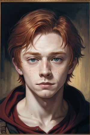 masterpiece, (Ronald Weasley), red hair, freckles, young man, best quality, oil painting style, golden frame