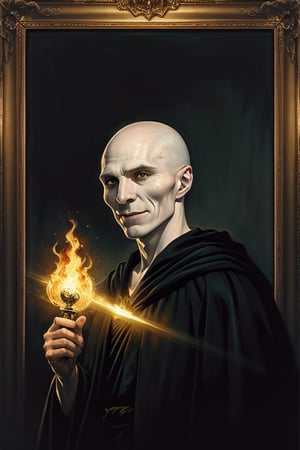 masterpiece, (Lord Voldemort), no hair, pale_skin, (no nose), black robe, lighting effect, evil smile, best quality, oil painting style, golden frame